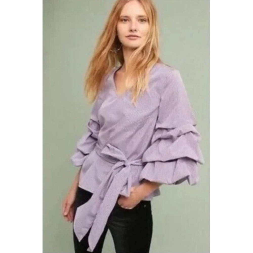 NWT Anthropologie Sunday in Brooklyn Top Sz XSP Blue Check Balloon‎ Sleeves